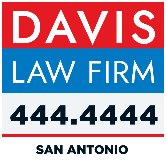 A red white and blue sign that says davis law firm 4 4 4. 4 4 4 4